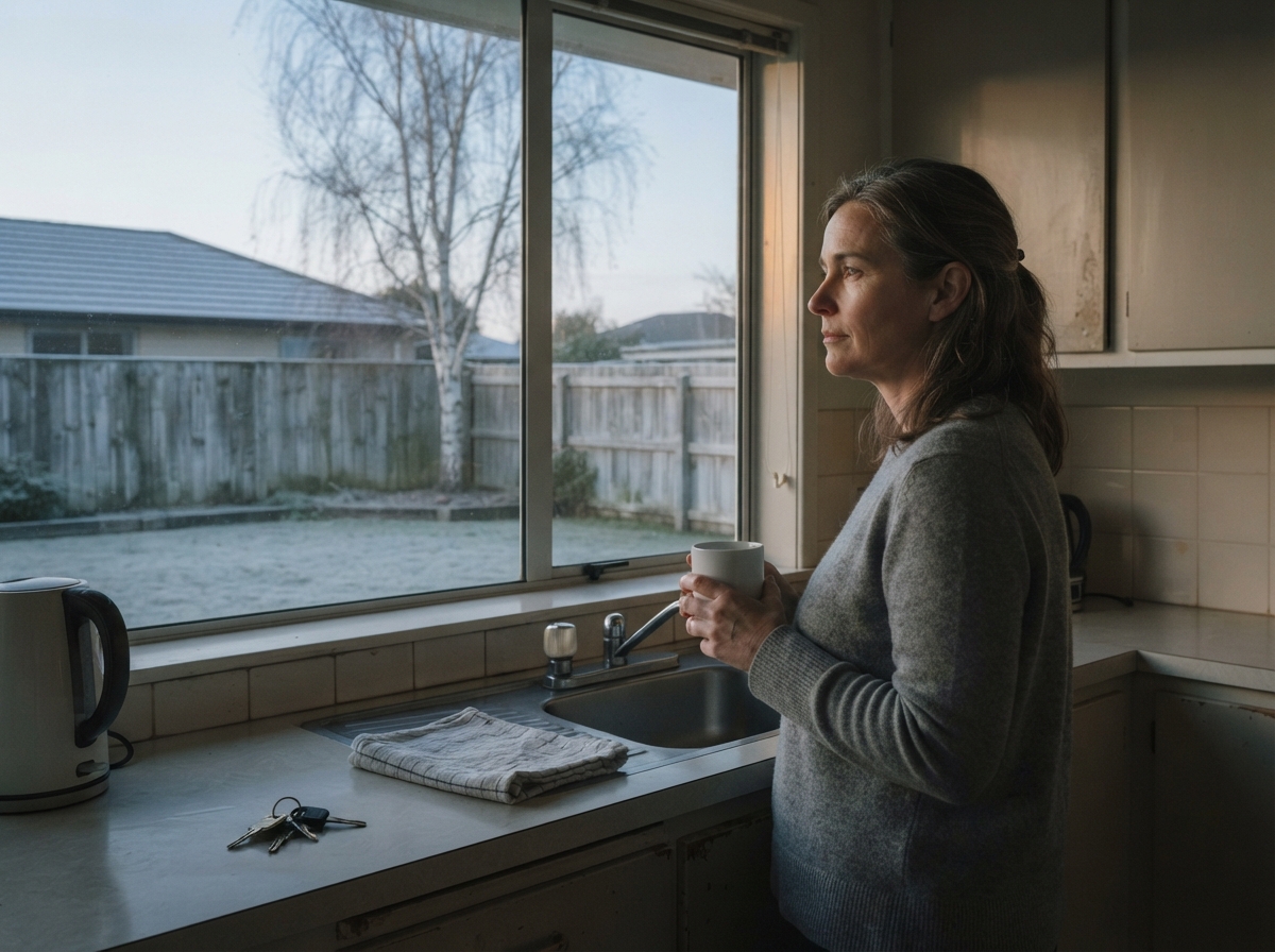 A woman in her late forties standing at a kitchen window at first light, Christchurch suburban garden beyond, mug in hand, looking outward. Quiet, unposed, muted.