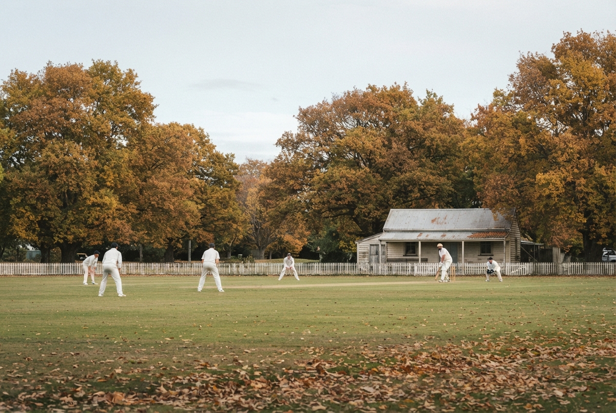 A masters club cricket match at a suburban Christchurch ground, oaks in autumn colour, shot wide from the boundary.