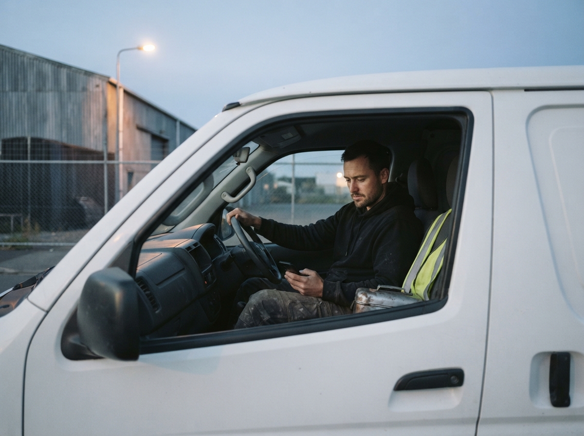 A tradie in his thirties at the end of the day, high-vis folded on the passenger seat, sitting in the cab of a parked van in Sydenham, phone in hand, considered expression.