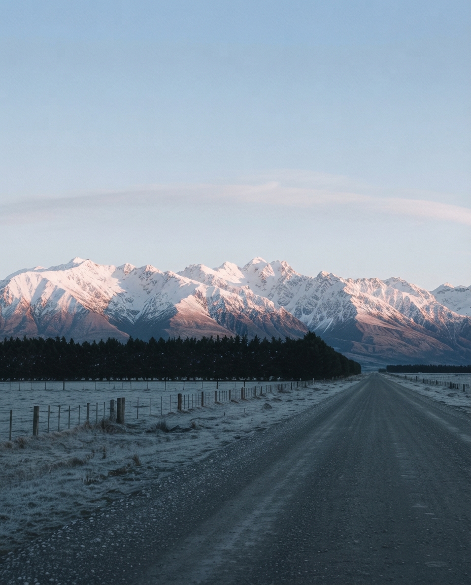 Panoramic, dawn, the Southern Alps under fresh snow seen across the Canterbury Plains from a gravel road near Darfield or Sheffield. Shelter belts, frost on paddocks, a faint nor'west arch. True horizon at 62% of frame height.