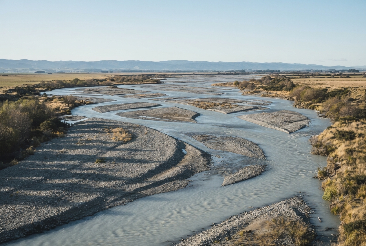 The Waimakariri braided riverbed from the gorge road, low winter sun, shingle and blue channels, no people.