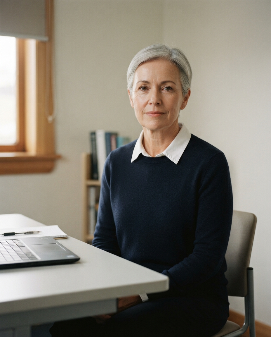 A woman doctor in her sixties, grey hair, navy jumper over a collared shirt, seated at a plain desk in a quiet consulting room with a laptop and notes, looking directly at camera.