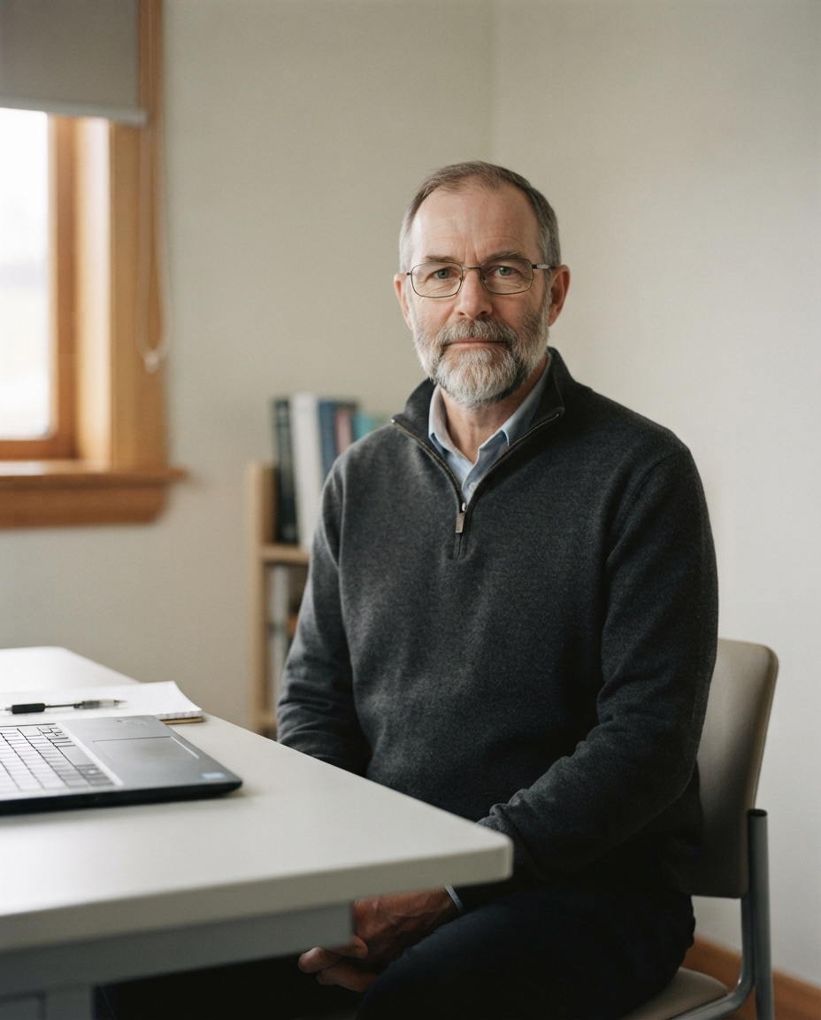 A man doctor in his sixties with glasses and a grey beard, charcoal half-zip jumper, seated at the same consulting room desk, looking directly at camera.