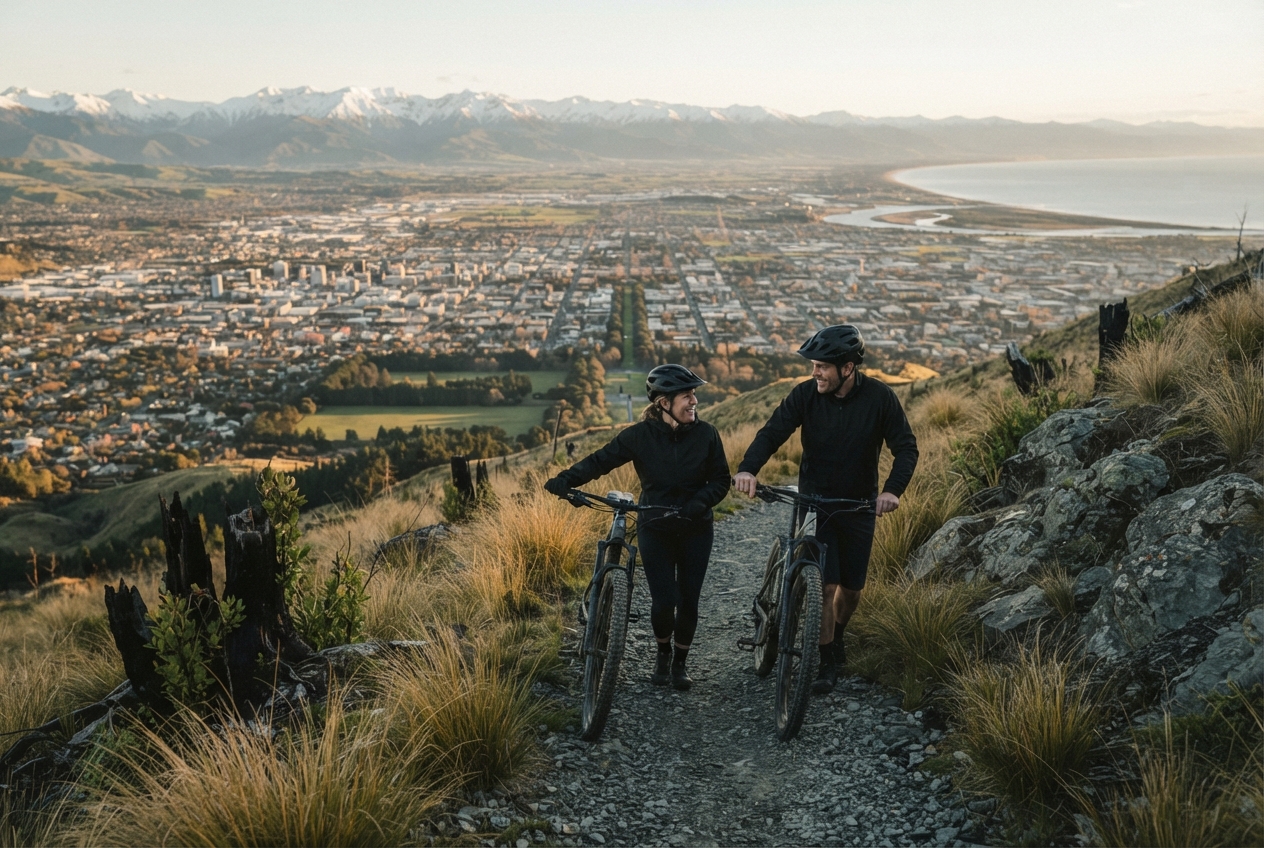 Two riders in their forties pushing bikes up a Port Hills track above Cashmere, the flat city and the Alps behind them, late afternoon.
