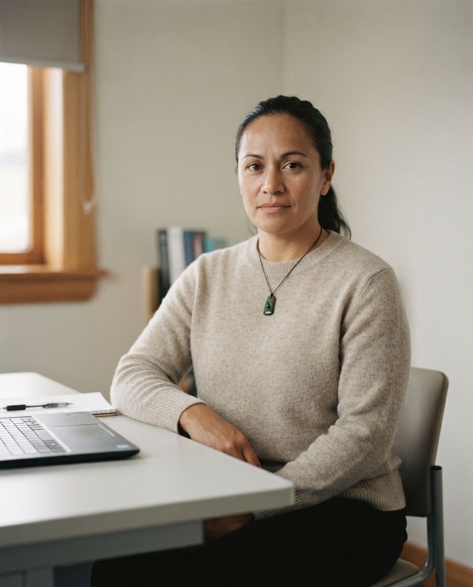 A woman doctor in her forties wearing an oatmeal jumper and a pounamu pendant, seated at the same consulting room desk, looking directly at camera.