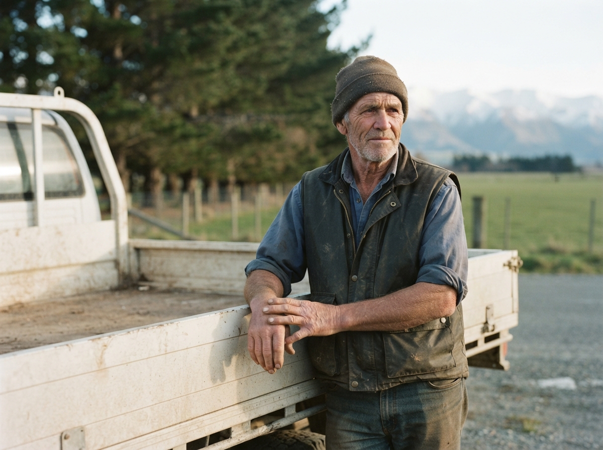 Close, respectful portrait of a man in his sixties with weathered hands resting on the rail of a ute tray on a Selwyn farm road, Alps soft in the background.