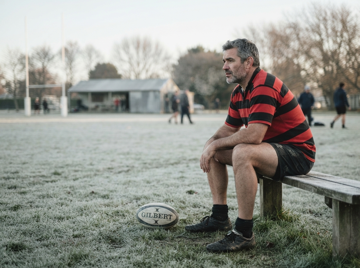 A man in his fifties in a red and black hooped rugby jersey sitting on the bench of a frosty suburban club ground on a Saturday morning, boots on, ball at his feet, looking out at the field.