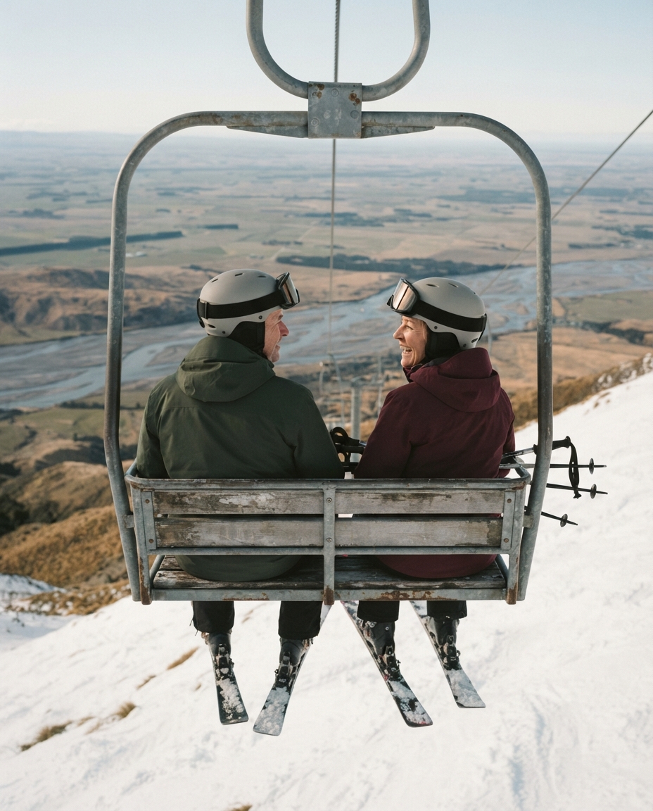 A couple in their fifties on the Mt Hutt chairlift, skis on, goggles up, mid-conversation, the Rakaia and the plains visible far below. Shot from the chair behind.